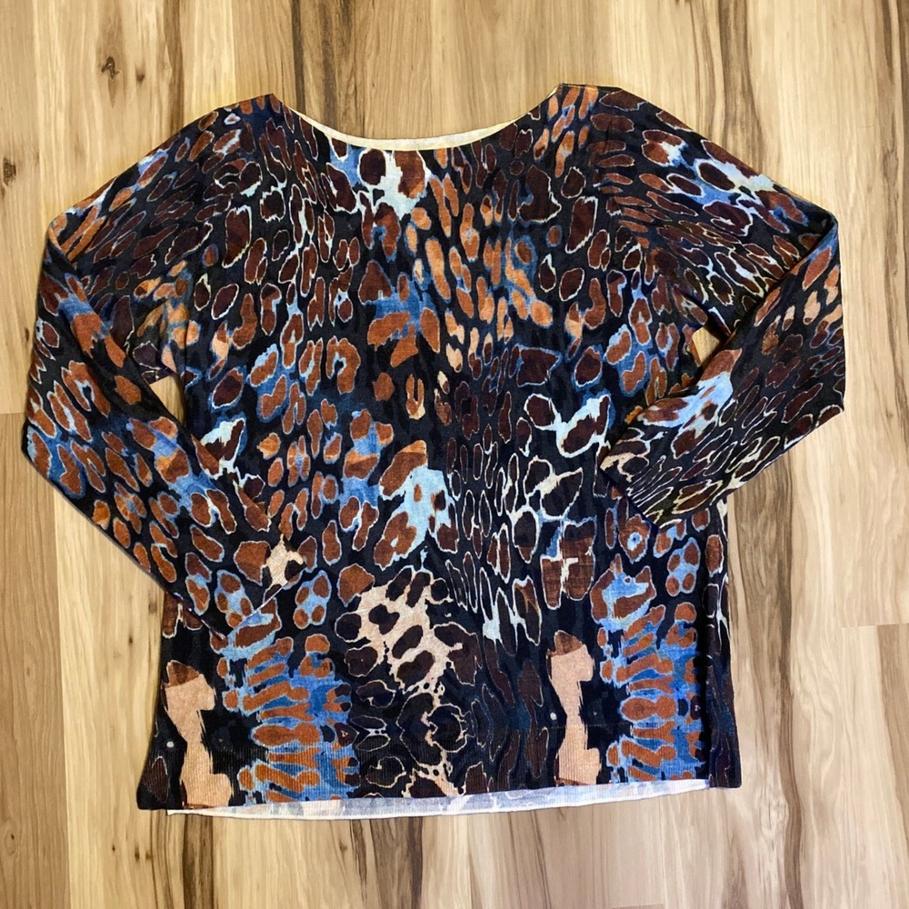 Talbots Woman Pure Merino Wool Abstract Leopard Print Sweater Blue Brown Size X